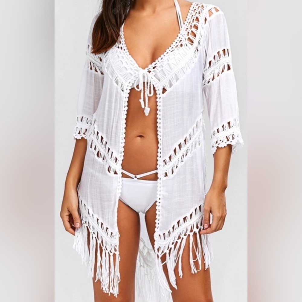 Vivid Importers Women’s Boho vest crochet with fringe, coverup, kimono white L